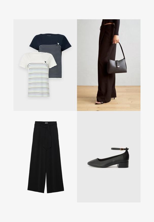 Twee t-shirts: een marineblauwe met witte strepen en een crèmekleurige met blauwe en groene strepen. Beide hebben korte mouwen en een ronde halslijn.; Zwarte wijde broek van textuurstof, met een elastische tailleband en een afneembare sjaalstrik in de taille voor een verstelbare pasvorm.; Zwarte leren pump met een spitse neus en een lage blokhak. Beschikt over een enkelband met een goudkleurige gespsluiting. Gladde textuur.; Zwarte handtas met gestructureerde vorm, gladde textuur en een metalen sluiting. Gecombineerd met brede zwarte broeken en sandalen met open teen op een houten vloer.