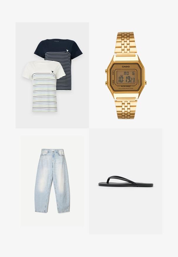 Twee t-shirts: een marineblauwe met witte strepen en een crèmekleurige met blauwe en groene strepen. Beide hebben korte mouwen en een ronde halslijn.; Lichtblauwe denim jeans met een losse pasvorm, voorzien van een vervaagde afwerking, twee voorzakken en een knoopsluiting bij de taille.; Zwarte flip-flop met een minimalistisch ontwerp, een platte zool, smalle banden en een gladde textuur. Geen extra patronen of accenten.; Gouden digitale klok met een rechthoekige wijzerplaat, LCD-display, roestvrijstalen band en knoppen aan de zijkant. Bevat een waterdicht label.
