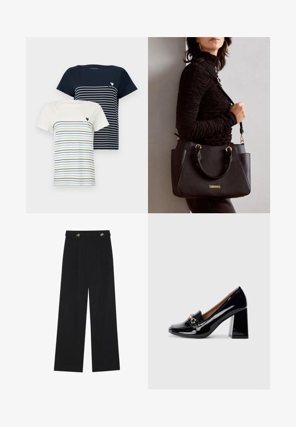 Zwei T-Shirts: eines in Marineblau mit weißen Streifen und eines in Creme mit blauen und grünen Streifen. Beide haben kurze Ärmel und einen runden Ausschnitt.; Schwarze weite Hosen mit hoher Taille, Knopfdetails am Bund und vorderen Falten.; Schwarzer Lackleder-Pumps mit spitzer Zehenform und Blockabsatz. Verfügt über einen dekorativen Riemen und eine Schnallendetail auf dem Vorderblatt.; Schwarze Handtasche mit strukturierten Oberflächen, doppelten Obergriffen und verstellbarem Schultergurt. Mit goldfarbener Hardware und Seitentaschen.