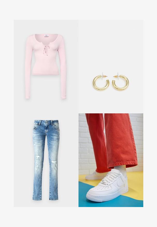BDG Urban Outfitters KNOCKOUT BABY - Tops ar garām piedurknēm - light pink; Gai zilu džinsu bikses ar brīvu piegriezumu, kas iekļauj nolietotus elementus, pogu rāvējslēdzēju ar divām pogām un taisnām kājām.; Baltās ādas kedas ar perforētu purngalu, teksturētu zoli un baltām auklām, apvienotas ar platām sarkanām biksēm un zilu un dzeltenu fona.; Zelta auskari ar gludu, spīdīgu apdari. Apaļš dizains, kas ietver mazu tapu un caurspīdīgu pamatni drošai valkāšanai.