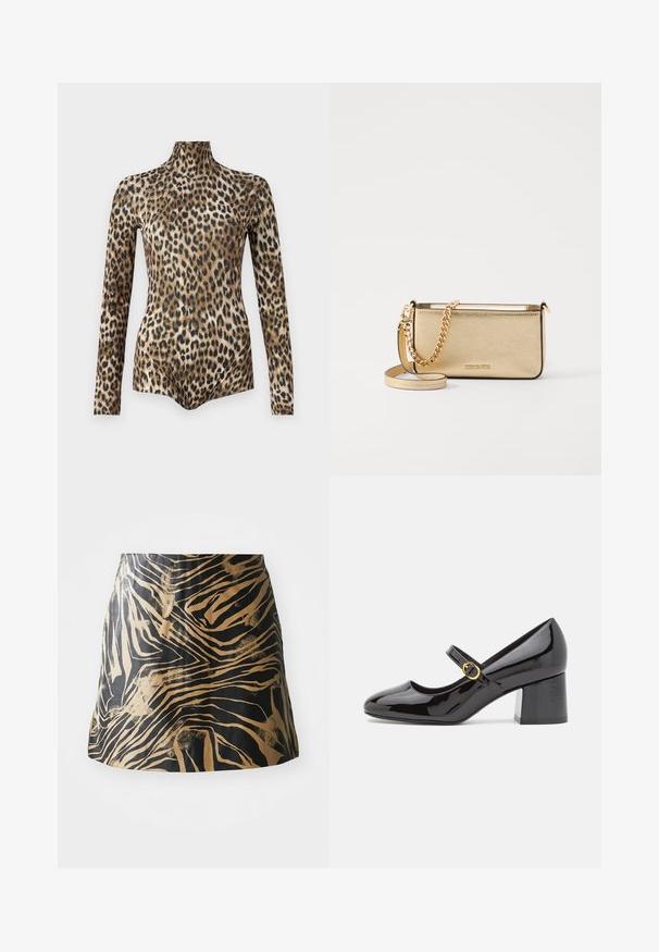 N°21 Langærmet T-shirt - beige; Sort og guld nederdel med zebra-stribe mønster, lavet af glat materiale med en tætsiddende pasform og høj talje design.; Stuart Weitzman STUART - Pumps - black; Metallic guldfarvet læder clutch med en tekstureret overflade, der har en guldkæde-rem og en aftagelig skulderrem. Brandlogoet er prægtigt prentet.