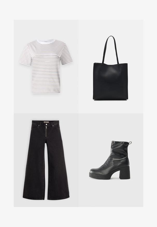 Hvid t-shirt med korte ærmer og horisontale beige striber. Rund halsudskæring, lavet af blødt stof, med en afslappet pasform og standard kant.; Vide ben jeans i sort denim med lynlås foran, fem lomme-design og subtile stikninger. Glat tekstur og afslappet stil.; Sorte ankelstøvler lavet af glat læder, med en sidelukning, kraftig struktureret hæl og rundt tådesign.; Sort læder tote taske med glat tekstur, rektangulær form og to lange hanke. Ingen synlig hardware eller udsmykninger.