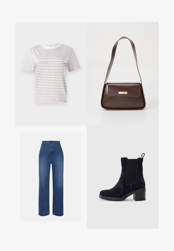 Camiseta branca de manga curta com riscas horizontais beges. Design de gola redonda, feita de tecido macio, com um ajuste descontraído e bainha padrão.; Calças de ganga de cintura alta em azul médio. Apresentam detalhes com botões na frente e um design de perna larga. O tecido tem uma textura suave com um ligeiro desbotamento.; Bota de tornozelo em camurça azul-marinho com painel elástico lateral, bico redondo e salto bloco. O tecido texturizado e a sola lisa criam um contraste.; Bolsa de ombro em couro castanho com uma forma estruturada, apresentando um fecho magnético e um detalhe metálico com o logótipo na frente.