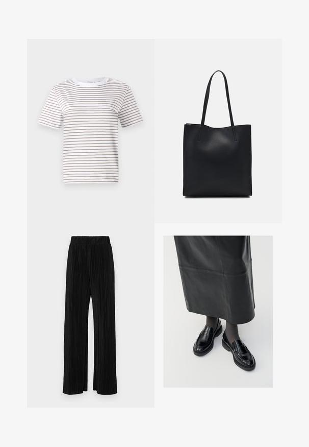 White short-sleeve t-shirt with horizontal beige stripes. Crew neck design, made of soft fabric, featuring a relaxed fit and standard hem.; Black pleated trousers with an elastic waistband. Features wide legs and a smooth, textured fabric with vertical stripes.; Black leather loafers with a smooth finish, featuring a decorative strap, round toe, and textured sole. Worn with a long black leather skirt.; Black leather tote bag with smooth texture, rectangular shape, and two long handles. No visible hardware or embellishments.