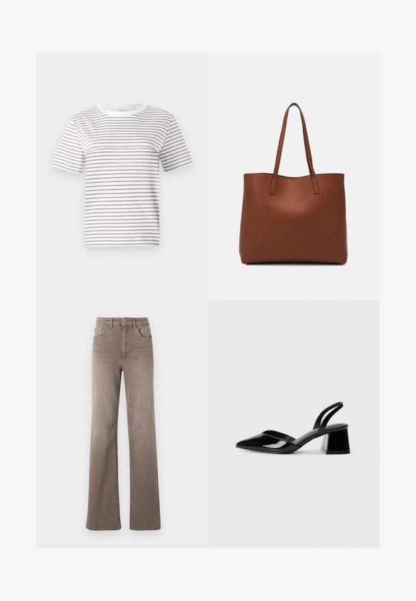 Hvid t-shirt med korte ærmer og horisontale beige striber. Rund halsudskæring, lavet af blødt stof, med en afslappet pasform og standard kant.; Brune højtaljede straight-leg jeans med frontknap, bælteløkker og klassisk fem-lomme design på en hvid baggrund.; Sorte patentlæder slingback hæle med spids tå og en geometrisk blok hæl. Har et elegant, minimalistisk design og en glat tekstur.; Brun læder tote taske med en glat overflade, åben topdesign og to skulderremme. Har minimal syning og ingen synlig hardware.