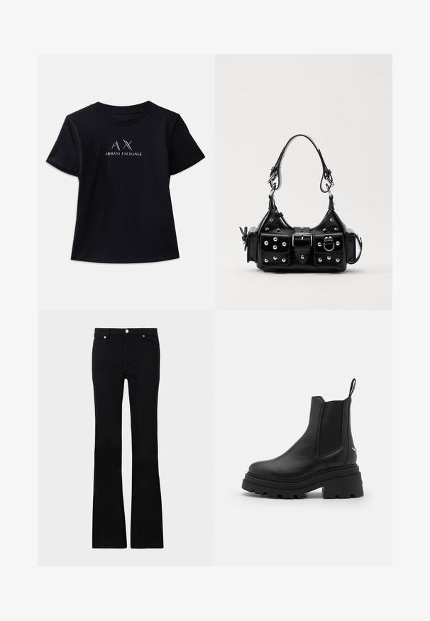 Black short-sleeve t-shirt with crew neck. Features "AX" logo and "ARMANI EXCHANGE" text in contrasting white and metallic accents. Soft fabric.; Black flared jeans made of denim, featuring two front pockets, a button closure, and a smooth texture. Signature stitching visible at seams.; Black chelsea boots made of smooth leather with elastic side panels, a thick, ridged rubber sole, and a pull tab at the back.; Black leather handbag with a curved design, featuring silver studs, a buckle, and two side pockets. Adjustable strap for carrying options.