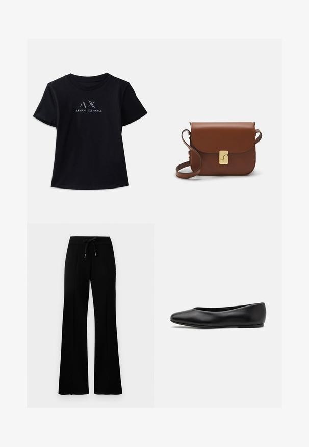 Black short-sleeve t-shirt with crew neck. Features "AX" logo and "ARMANI EXCHANGE" text in contrasting white and metallic accents. Soft fabric.; Black wide-leg sweatpants with a drawstring waistband, side slit accents, soft fabric, and a sleek design.; Paul Smith TOPANGA - Ballet pumps - black; Brown leather handbag with a flap closure, gold-tone hardware, a shoulder strap, and a smooth texture. Compact rectangular shape.