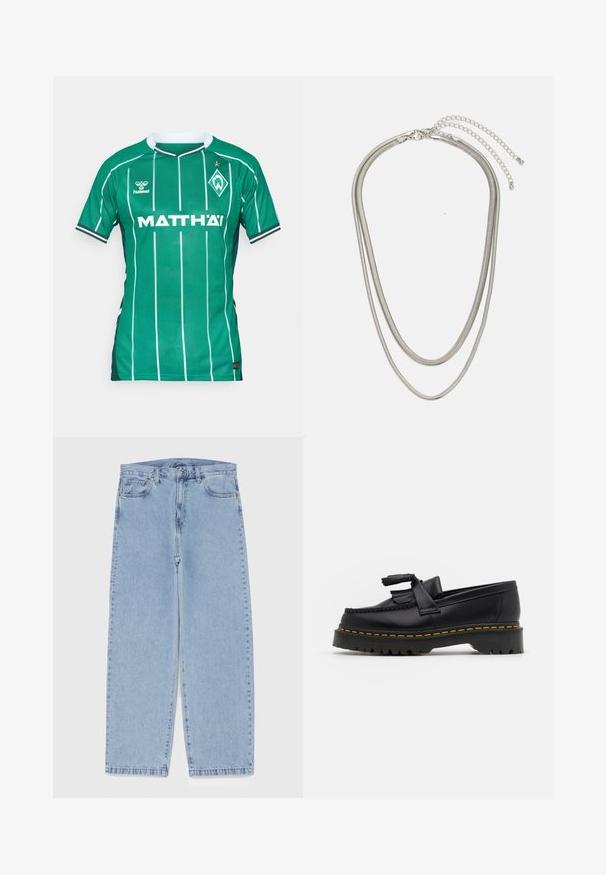 Maglia da calcio verde con strisce bianche verticali, colletto tondo e maniche corte. Presenta il marchio "MATTH'AI" e uno stemma del club.; Jeans in denim azzurro chiaro con design a gamba dritta, caratterizzati da una vita media, cinque tasche e chiusura con bottone e zip.; Mocassino in pelle nera con un'accento a frange, dotato di una suola nera spessa e cuciture gialle lungo il bordo. Finitura testurizzata.; Collana in metallo argentato a tre strati caratterizzata da catene sottili e flessibili con una leggera lucentezza, fissata con un gancio a molla e una catena regolabile.