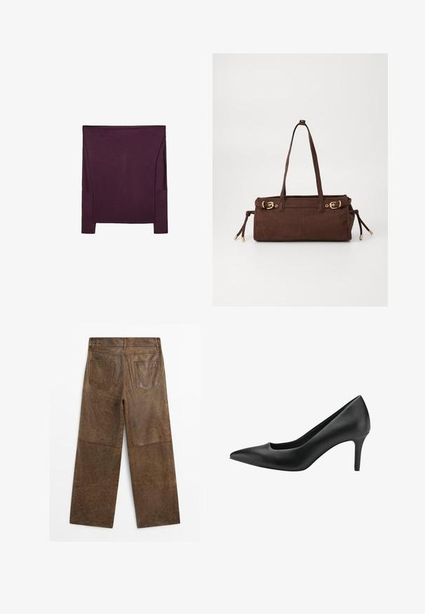 Langärmliges Oberteil aus tiefviolettem Stoff mit glatter Textur; hat seitliche Akzentpaneele und eine lockere Passform mit einem weiten Ausschnitt.; Braune Leder-Hosen mit weitem Bein, zwei Gesäßtaschen und sichtbaren Nähten, von hinten auf einem weißen Hintergrund gezeigt.; Schwarzer Leder-Stöckelschuh mit spitzem Zehenbereich, der ein ausgeschnittenes Design und einen schlanken Stilettoabsatz aufweist. Glatte Textur und eleganter Schnitt.; Braune Wildleder-Shoppertasche mit zwei Schulterriemen, goldenen Hardware-Akzenten und verstellbaren Seitenbändern. Verfügt über einen Reißverschluss und eine glatte Textur.