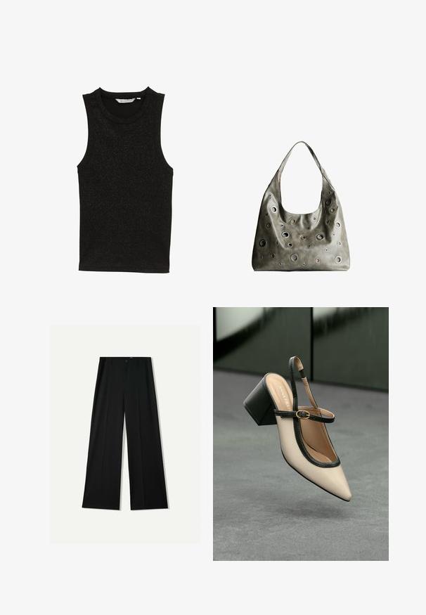 Černý top bez rukávů vyrobený z texturované, lesklé látky. Má kulatý výstřih a upnutý střih bez ozdob.; Bershka WIDE - Kalhoty - black; Beige boty s špičatou špičkou a otevřenou patou, černými detaily, zlatou přezkou a silným blokovým podpatkem, na šedé podlaze s tmavě zeleným pozadím.; Olivově zelená kožená kabelka s uvolněným designem, která má kulaté výřezy různých velikostí a akcenty v tmavších a světlejších odstínech.