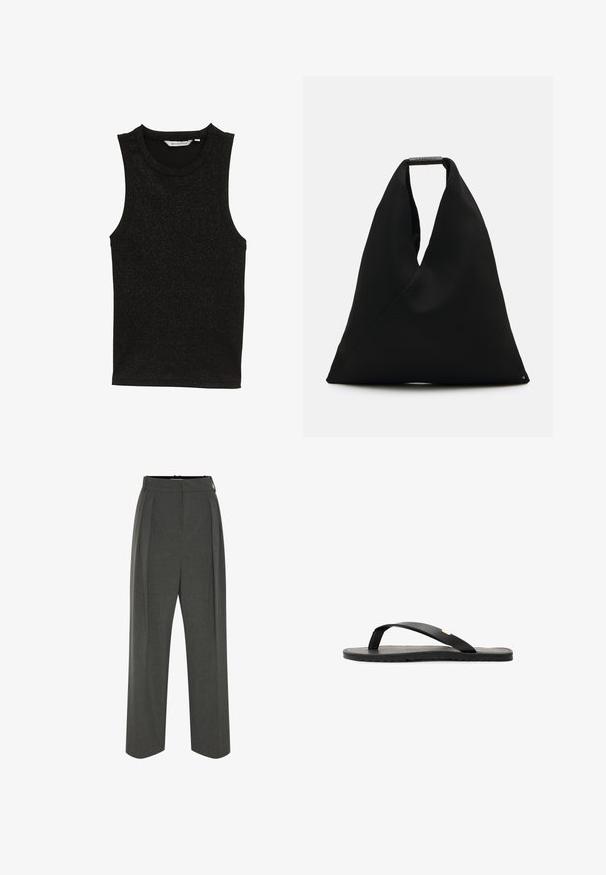 Musta hihaton toppi, joka on valmistettu teksturoidusta, hohtavasta kankaasta. Ominaisuuksiin kuuluu pyöreä kaula-aukko ja tiukka malli ilman koristeluja.; Harmaat leveälahkeiset housut teksturoidusta kankaasta, joissa on korkea vyötärö ja etupilkut. Mallissa on sileä vyötärönauha ilman näkyviä kiinnityksiä.; Musta flip-flop-sandaali, jossa on litteä pohja, teksturoitu musta sisäpohja, sileät hihnat ja pieni kultainen yksityiskohta varvastuessa.; Mustat kangasnaisikkat, joissa on ainutlaatuinen V-muotoinen muotoilu ja sileä pinta. Varustettu lyhyellä kahvalla, jossa on minimalistinen metallikoriste.