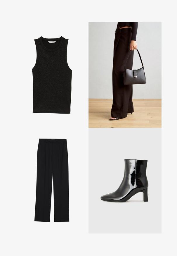 Zwarte mouwloze top van een glanzende, gestructureerde stof. Heeft een ronde halslijn en een aansluitend ontwerp zonder versieringen.; Zwarte broeken met een rechte pijpontwerp, voorzien van twee voorkanten zakken en een tailleband. Gemaakt van een gladde, lichte stof.; Zwarte gepolijste leren enkellaars met een spitse neus en een blokhak van gemiddelde hoogte. Glad textuur en minimalistisch ontwerp.; Zwarte handtas met gestructureerde vorm, gladde textuur en een metalen sluiting. Gecombineerd met brede zwarte broeken en sandalen met open teen op een houten vloer.