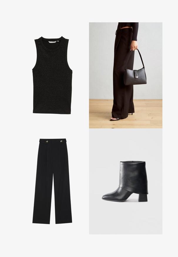 Top senza maniche nero realizzato in un tessuto testurizzato e scintillante. Presenta un collo rotondo e un design aderente senza decorazioni.; Pantaloni neri a gamba larga con vita alta, dettagli con bottoni in vita e pieghe frontali.; Stivale in pelle nera alla caviglia con punta affusolata, texture liscia e tacco a blocco strutturato. Presenta un design con risvolto alto.; Borsa nera con forma strutturata, texture liscia e una chiusura metallica. Abbinata a pantaloni neri larghi e sandali open-toe su un pavimento in legno.