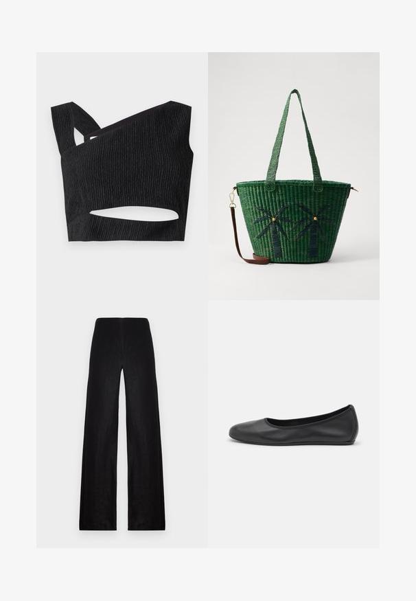 Melnas cropped blūze ar teksturētu audumu, asimetrisku kakla līniju un izgriezumu viduklī. Piedāvā plašus plecu siksniņas un pieguļošu formu.; Melnas platās bikses izgatavotas no viegla auduma. Tām ir augsta jostas vieta, gluda virsma un tīras līnijas bez kabatām vai rotājumiem.; Melna ādas baleta kurpe ar noapaļotu purngalu, gludu tekstūru, minimālu šuvju detalizāciju un elastīgu zoles dizainu.; Zaļš austs iepirkuma maisiņš ar palmu koku dizainiem tumšā zaļā krāsā; ar divām rokturiem un noņemamu brūnu ādas siksnu.