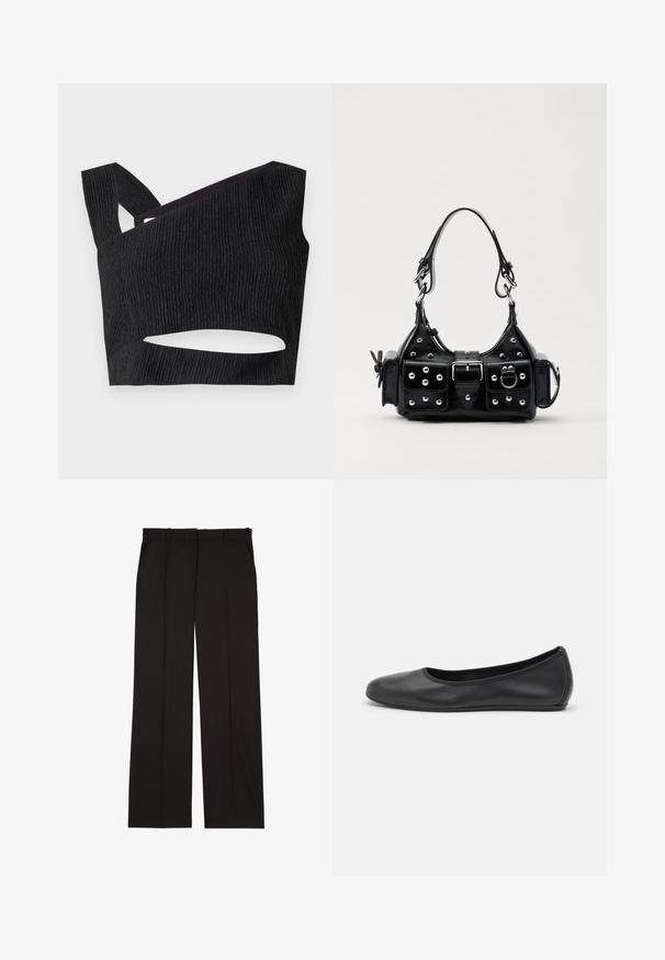 Zwart cropped top van gestructureerde stof, asymmetrische halslijn en uitsnijding bij de taille. Heeft brede banden en een aansluitend ontwerp.; Zwarte op maat gemaakte broek van een gladde stof, met een rechte pijp en twee zijzakken. Elegante en minimalistische constructie.; Zwarte leren ballerina met een ronde neus, gladde textuur, minimale stikdetails en een flexibele zoolontwerp.; Zwarte lederen handtas met een gebogen ontwerp, voorzien van zilveren studs, een gesp en twee zijvakken. Verstelbare schouderband voor verschillende draagmogelijkheden.