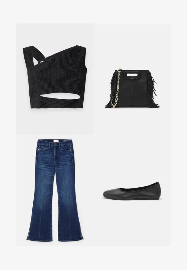 Top corto negro con tejido texturizado, escote asimétrico y detalle recortado en la cintura. Cuenta con tirantes anchos y un diseño ajustado.; Vaqueros acampanados de color azul oscuro, hechos de mezclilla. Presentan una cintura alta, bolsillos frontales y detalles de abertura en el dobladillo. Diseño clásico de cinco bolsillos.; Bailarina de piel negra con punta redondeada, textura suave, detalle de costura minimalista y diseño de suela flexible.; Bolso de mano de cuero negro con detalles de flecos, correa de cadena dorada para el hombro y un asa con corte. Presenta una colocación del logotipo en la parte frontal.