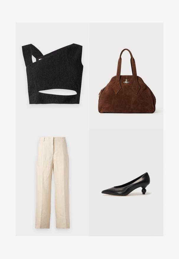 Zwart cropped top van gestructureerde stof, asymmetrische halslijn en uitsnijding bij de taille. Heeft brede banden en een aansluitend ontwerp.; Beige linnen broek met een losse pasvorm, geplooide voorkant en rechte pijpen. Beschikt over een tailleband met riemlussen en geen zichtbare zakken.; Zwarte leren hoge hak schoen met een spitse neus en een ronde, bolle hak. Gladde textuur met een elegant, minimalistisch ontwerp.; Bruine suède handtas met een gestructureerde vorm, ronde body en verlengde ruitvormige handvatten. Voorzien van een sluiting met zilveren hardware.
