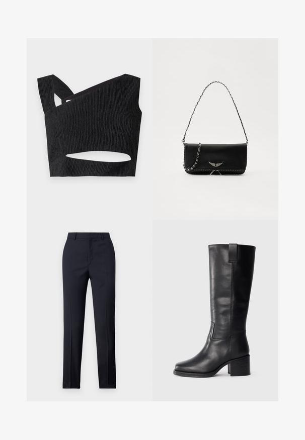 Black cropped top with textured fabric, asymmetrical neckline, and cut-out detail at the waist. Features wide straps and a fitted design.; Navy tailored trousers with a straight cut, featuring a smooth texture, two front pockets, and a clean waistband.; Black leather knee-high boots with a smooth texture, square toe, block heel, and side pull tab, featuring minimal stitching details.; Black leather handbag with a silver chain strap, featuring decorative wing accents and white stitching along the bottom seam.