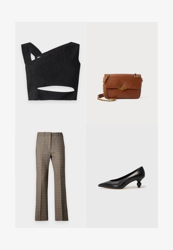 Black cropped top with textured fabric, asymmetrical neckline, and cut-out detail at the waist. Features wide straps and a fitted design.; Brown plaid trousers with a straight leg cut, featuring a textured fabric and subtle colors of beige and darker browns throughout the pattern.; Black leather high heel shoe with a pointed toe and a round, balled heel. Smooth texture with a sleek, minimal design.; Brown leather crossbody bag with a flap closure, gold hardware, and a chain strap. Smooth texture, rectangular shape, minimal detailing.