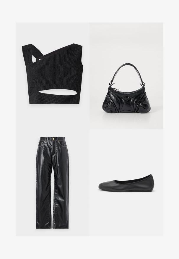 Zwart cropped top van gestructureerde stof, asymmetrische halslijn en uitsnijding bij de taille. Heeft brede banden en een aansluitend ontwerp.; Zwarte neplederen broek met een wijduitlopende snit, voorzien van witte stiksels, voorzakken en een gouden knoop in de taille.; Zwarte leren ballerina met een ronde neus, gladde textuur, minimale stikdetails en een flexibele zoolontwerp.; Zwarte handtas van gestructureerd leer met een afgeronde vorm. Beschikt over een dunne schouderband en decoratieve reliëfpatronen.
