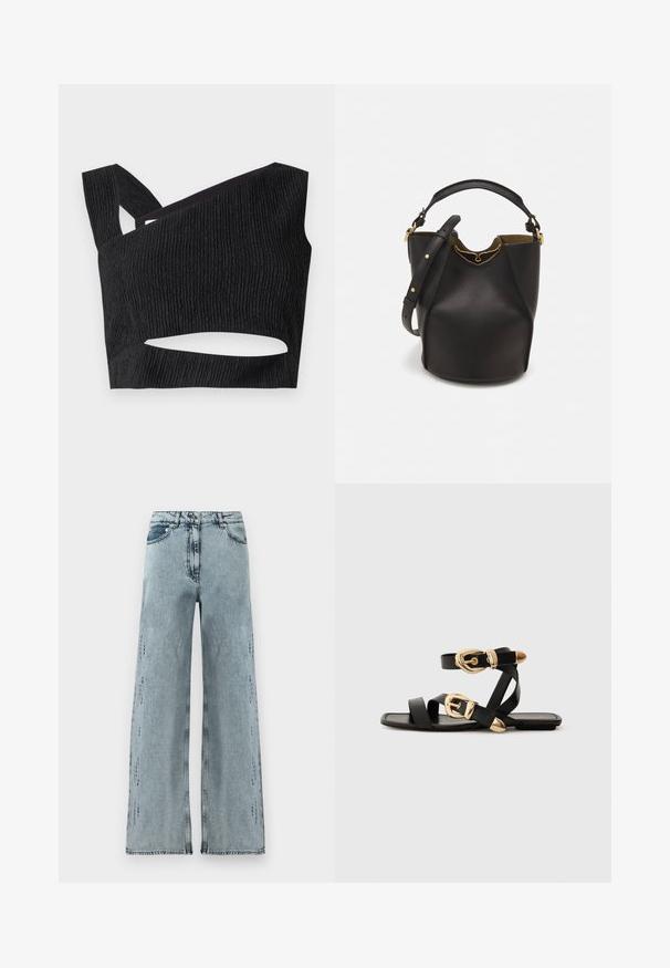 Černý krátký top s texturovanou látkou, asymetrickým výstřihem a výřezem v pase. Má široká ramínka a přiléhavý střih.; Světle modré džínové kalhoty širokého střihu, vyrobené z denimové tkaniny, s vysokým pasem, jemným opotřebením a volným střihem se rovnými nohavicemi.; Černé kožené sandály s pozlacenými přezkami, s vícero popruhy a plochou podrážkou pro nošení s otevřenou špičkou.; Černá kožená kabelka ve tvaru vědra s texturovaným povrchem, zlatými kovovými akcenty a otevřeným vrchem. Obsahuje krátkou rukojeť a nastavitelný ramenní popruh.