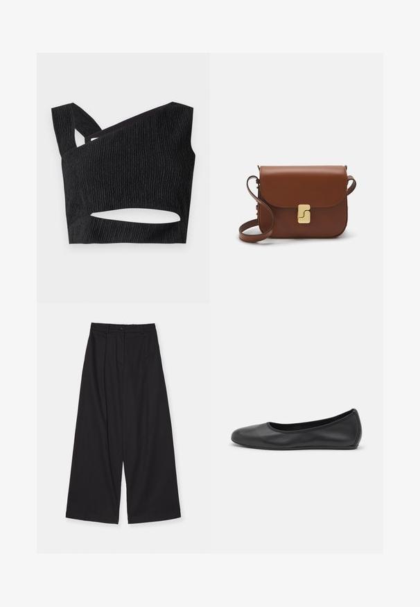 Mustat lyhyet topit, joissa on näkyvä pinta, epäsymmetrinen kaula-aukko ja leikkautumiset vyötäröllä. Laajoja olkaimia ja tiukka malli.; Mustat leveälahkeiset housut, jotka on valmistettu sileästä kankaasta. Niissä on korkea vyötärö, etupuolella laskokset, nappikiinnitys ja suora leikkaus.; Musta nahkainen ballerina, jossa on pyöristetty kärki, sileä pinta, minimaalinen ommelkoristelu ja joustava pohjamuotoilu.; Ruskea nahkainen käsilaukku, jossa on läppäkiinnitys, kultasävyiset yksityiskohdat, olkahihna ja sileä pinta. Kompaktin suorakaiteen muotoinen.