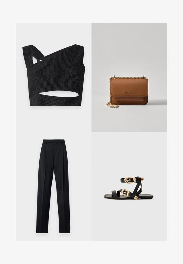 Fekete rövidített felső textúrált anyagból, aszimmetrikus dekoltázzsal és kivágott részlettel a deréknál. Széles pántokkal és testhezálló fazonnal rendelkezik.; Fekete nadrág sima anyagból, magas derékkal, széles lábakkal, elülső redőkkel és klasszikus övhurkokkal. Oldalzsebek nem láthatók.; Fekete bőr szandál arany csattal, több hevederrel és lapos talpú dizájnnal, nyitott lábujjú viselethez.; Barna textúrájú bőr keresztbody táska arany lánc pánttal és fedélzárral. Az elején logó részlet és egy zseb található a fedél alatt.