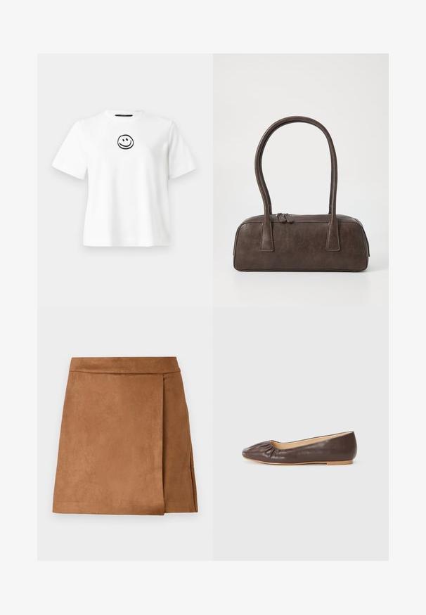 Witte katoenen t-shirt met korte mouwen, een ronde halslijn en een zwart geborduurd glimlachend gezicht in het midden. Soepele textuur.; Bruine suède mini rok met een wikkelontwerp, voorzien van een gladde textuur en een nette afwerking aan de onderkant. Geen zichtbare hardware of accenten.; Bruine leren ballerina met een ronde neus, geplooide details aan de voorkant en een platte, lichte zool.; Bruine leren handtas met twee stevige handvatten, rechthoekige vorm, gladde textuur en ritssluiting. Minimalistisch ontwerp zonder zichtbare patronen.