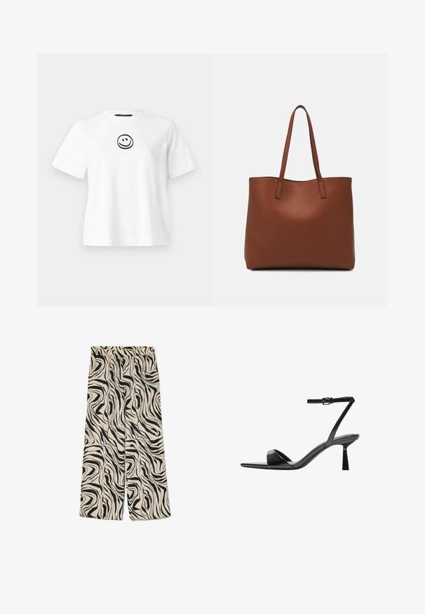 Bílý bavlněný tričko s krátkým rukávem, kulatým výstřihem a černě vyšitým usmívajícím se obličejem na středu. Hladká textilie.; Kalhoty v širokém střihu s krémovým pozadím a výrazným černým abstraktním vzorem zebry. Mají elastický pas a hladkou strukturu.; Bershka Sandály na vysokém podpatku - black; Hnědá kožená taška přes rameno s hladkou texturou, otevřeným designem a dvěma ramenními popruhy. Obsahuje minimální švy a žádné viditelné kovové prvky.