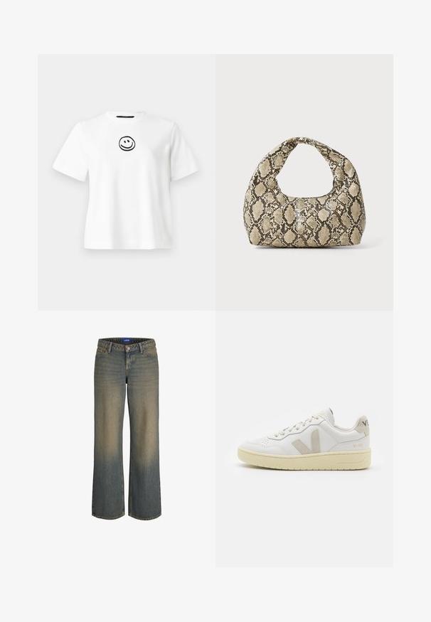 Camiseta de algodón blanca con mangas cortas, un escote redondo y una cara sonriente bordada en negro en el centro. Textura suave.; Jeans de mezclilla azul de pierna ancha con un degradado de claro a oscuro, diseño de cinco bolsillos y cierre con botón. Detalles cosidos en los bordes.; Zapatilla de piel blanca con acentos de ante beige, caja de puntera perforada, cordones planos y suela texturizada en color crema. Cuenta con un branding sutil en el talón.; Bolso de mano con estampado de serpiente y asa curvada. Hecho de materiales texturizados en tonos beige y marrón, con un patrónen diamante distintivo.
