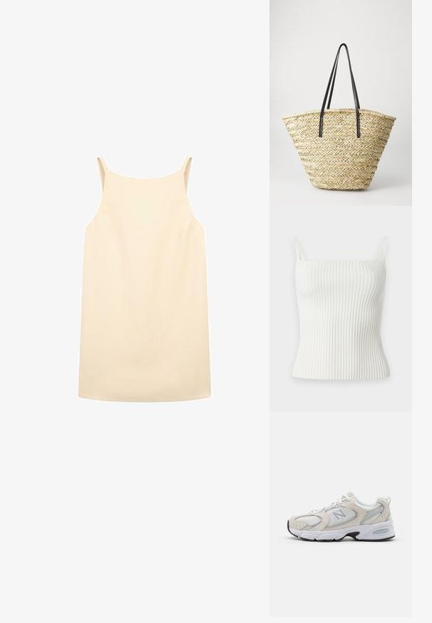 Bílý žebrovaný top bez rukávů s tenkými ramínky, s přiléhavým střihem a jemnou texturou. Materiál je pružný a hladký, což zajišťuje pohodlí.; Béžové bezrukávové šaty s volným střihem, vyrobené z hladké tkaniny, s tenkými ramínky a rovním lemem.; Atletická obuv s lehkým šedým síťovaným svrškem s semišovými akcenty, bílými tkaničkami a černou gumovou podrážkou. Výrazným detailem je tlumení ABZORB.; Tkaná slámová taška s širokým, zúženým tvarem, se dvěma černými koženými uchy. Přírodní béžová barva s texturovaným povrchem.