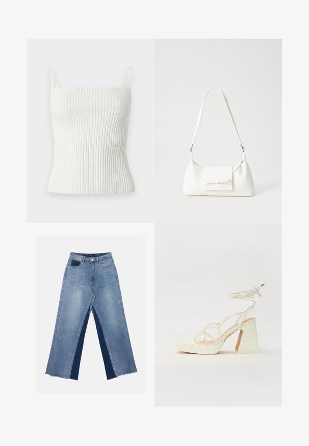 Valge ribadeta tank top õhukeste rihmadega, millel on sobiv disain ja pehme tekstuur. Materjal on veniv ja sile, suurendades mugavust.; Heledad sinine laiemate jalgadega teksapüksid kontrastsete tumedate siniste paneelidega, lõhikud allääres ja tavaline talje metallnupuga kinnitamiseks.; Valged kõrge kontsaga sandaalid, millel on paks konts ja rihmadega disain koos pahkluu sidumisega. Sile tekstuur ja platvorm ees, et lisada kõrgust.; Valge sünteetilisest materjalist kott kolmnurkse kujuga, lame esiklapiga ja kaaredetailiga, reguleeritava rihmaga, sileda tekstuuriga ja minimalistliku disainiga.