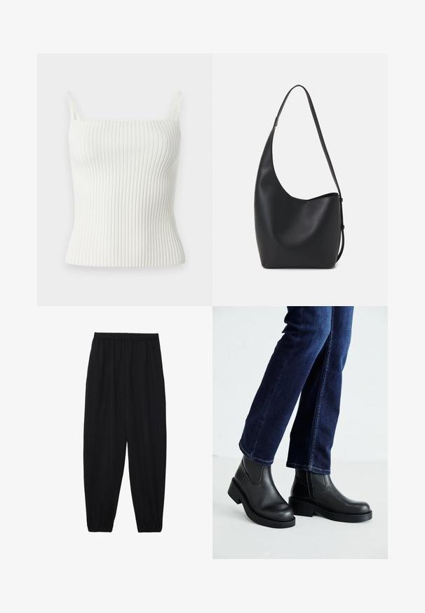 Bijela rebrasta majica s tankim naramenicama, s prilagođenim krojem i mekim materijalom. Tkanina je rastezljiva i glatka, što povećava udobnost.; Crne, lagane hlače s elastičnom stražnjom pasicom i naboranim gležnjevima. Tkanina je glatka i ima opušteni, suženi dizajn.; Crne kožne gležnjače s debelim potplatom i bočnim elastičnim panelima, uparene s tamnoplavim trapericama. Podlogu čini svijetla boja.; Crna kožna hobo torba s glatkom teksturom, zakrivljenim oblikom i jednom podesivom trakicom; ima širok otvor na vrhu.