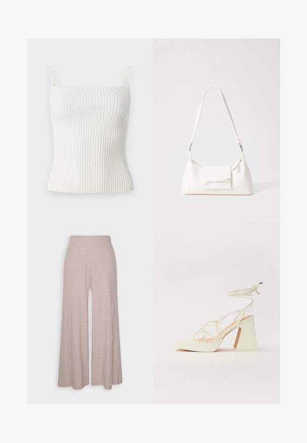 Valkoinen ribbikuvioinen toppi ohuilla olkaimilla, jossa on tiukka malli ja pehmeä rakenne. Materiaali on joustavaa ja sileää, mikä lisää mukavuutta.; Vaaleanharmaat, leveälahkeiset housut, jotka on valmistettu pehmeästä, nauhakoristeisesta kankaasta. Housuissa on korkea vyötärö ja täyspitkät lahkeet, joissa on hieno tekstuuri.; Valkoinen korkokenkä, jossa on paksu korko, ja joka sisältää nauhakiinnityksen ja nilkkaketjun. Sujuva pinta, jossa on platform-etupohja lisäkorkeutta varten.; Valkoinen synteettinen käsilaukku, jossa on kolmikulmainen muoto, tasainen etu läppä ja nauhadetail, säädettävä olkahihna, sileä rakenne ja minimalinen muotoilu.