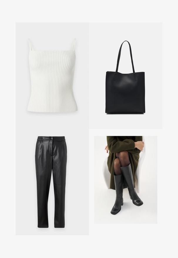 Débardeur blanc à côtes avec fines bretelles, présentant un design ajusté et une texture douce. Le matériau est extensible et lisse, améliorant le confort.; Pantalons en cuir noir avec une texture lisse, coupe droite, taille élastique et fermeture à bouton à l'avant ; détails plissés et jambes fuselées.; Bottes en cuir noires arrivant au genou, avec un bout carré et un talon carré, présentées sur un modèle assis dans un manteau vert olive. Texture lisse, détails minimaux.; Sac fourre-tout en cuir noir avec une texture lisse, de forme rectangulaire et deux longues poignées. Pas de matériel ou d'ornementations visibles.