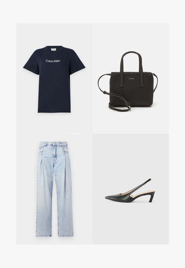 Tumed sinine puuvillane T-särk lühikeste varrukatega ja ümmarguse kaelusega. Rinnaosale on trükitud valge "Calvin Klein" logo. Lihtne ja klassikaline disain.; Heledad sinise denimist valmistatud teksapüksid kõrge vöökohaga, laia jala lõikega, kahe külje taskuga ja pleedi disainiga. Pehme tekstuur ja pleekinud viimistlus.; Must mustaga, terav varvas, madala kontsaga sildiga king, mis on valmistatud siledast nahast ja mille küljel on lõike disain hingavuse tagamiseks.; Musthave mustrans vöö ja eemaldatav õlarihm. Gludike nahk siledaga, millel on tõmblukk ja logo detail.