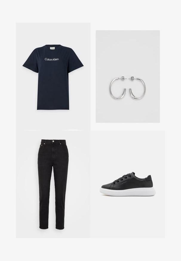 Mørkeblå bomulds T-shirt med korte ærmer og rund halsudskæring. Har hvidt "Calvin Klein" tekstlogo på brystet. Enkelt og klassisk design.; Sorte højtaljede slim-fit jeans med frontknap, bæltesløjfer og fem-lomme design på hvid baggrund.; Calvin Klein CUPSOLE LACE UP - Sneakers - black; Sølv hoop øreringe med en glat, skinnende overflade. Rundet form, letvægtsdesign med post-back lukning.