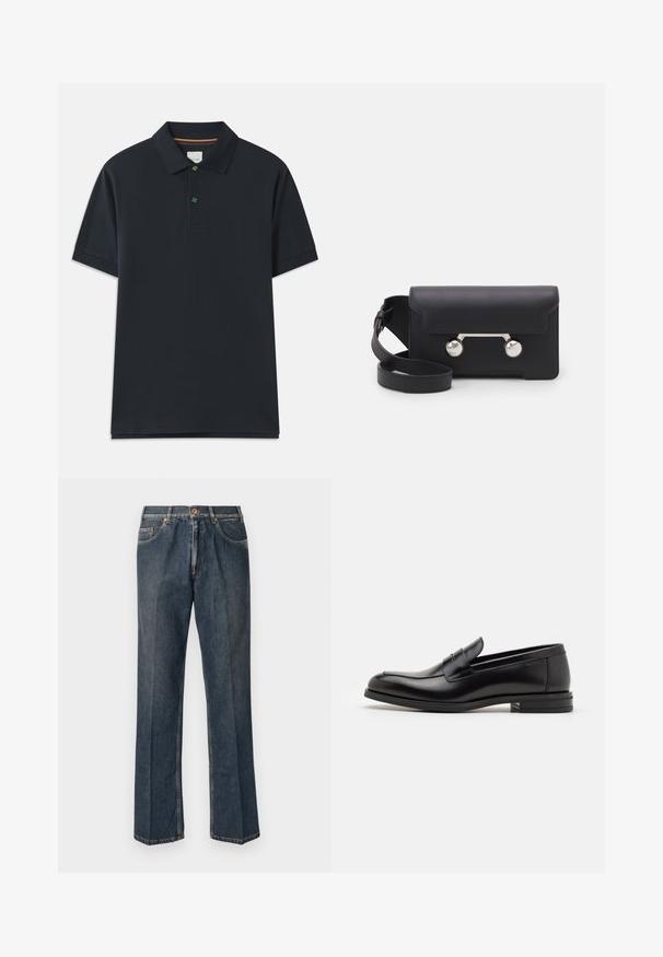 Marineblå polo skjorta med korta ärmar, krage, treknäppt knäppning och en liten grön broderad detalj på bröstet.; Mörkblå raka denimjeans med framknapp, blixtlås, dubbla framfickor och synliga vertikala veck längs benen.; Svarta läderloafers med en slät yta, rund tå och ett dekorativt band över främre delen. Låg staplad klack, minimalistisk design.; Svart läder crossbody-väska med klaffstängning, silverfärgade detaljer och två runda accenter. Utrustad med en avtagbar rem. Slät textur.