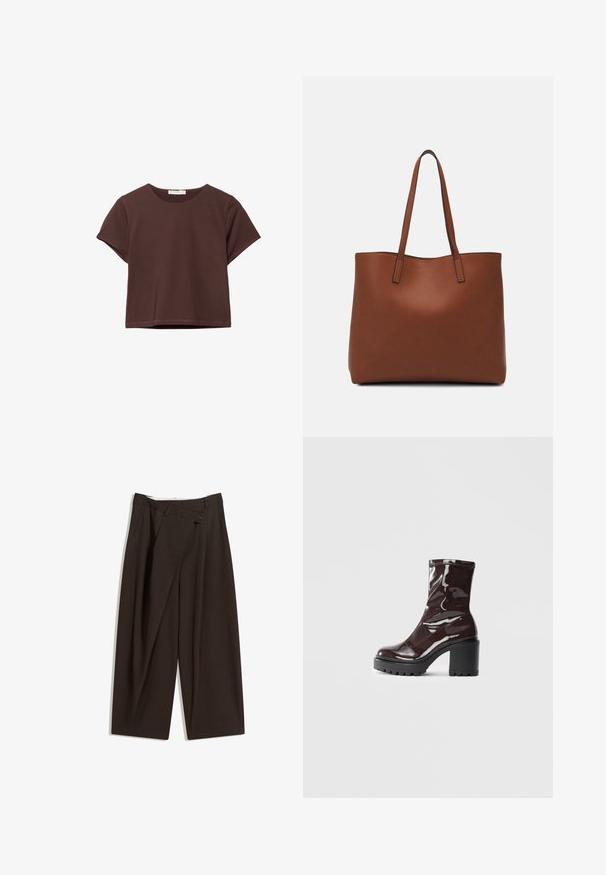 Kratka smeđa majica s kratkim rukavima i okruglim izrezom, prikazana na bijeloj pozadini.; Tamno smeđe široke hlače s visokim strukom, s jednim dugmadi na zakopčavanju i pregibom sprijeda. Izrađene od laganog materijala.; Sjajna burgundska čizma do gležnja s debelim crnim potplatom, koja se odlikuje glatkom teksturom i jednostavnim dizajnom. Nema vidljivih kopčanja ili uzoraka.; Smeđa kožna torba preko ramena s glatkom teksturom, otvorenim vrhom i dvjema naramenicama. Ima minimalne šavove i nema vidljivog hardvera.