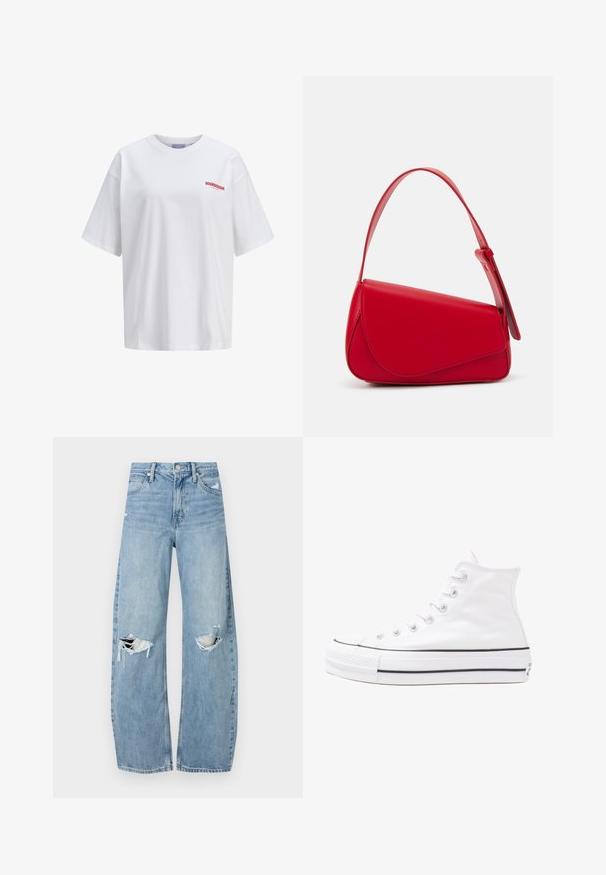 Hvit bomulls-T-skjorte med oversized passform, rund hals og korte ermer. Har rød brodert tekst "SOURDOUGH" på venstre bryst.; Lyseblå høytlivsjeans laget av denim. Har vide bein, to revne knær og klassisk fem-lommers design.; Hvit høy-skinn kanvas sneakers med svart gummisåle, gummitåhette foran og seks hull for snorer, med et rent, minimalistisk design.; Rød lærveske med en vinklet, geometrisk design. Har en enkelt justerbar stropp og en klaffelukking med sydd detaljer.