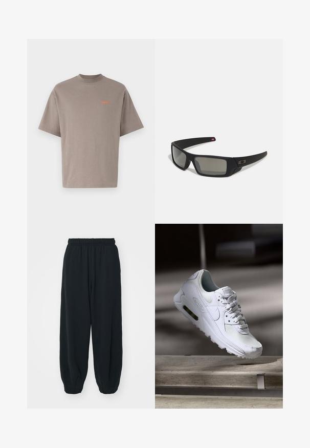 Harmaa puuvillapaita, jossa on rento istuvuus, lyhyet hihat ja pyöreä kaula-aukko. Rinnassa on pieni oranssi "bareen"-logo.; Mustat, elastisella vyötäröllä varustetut collegehousut, joissa on löysä istuvuus, cuffattu lahje, sileä pinta ja ilman näkyviä kuvioita tai varusteita.; Valkoiset Nike Air Max 90 -lenkkarit, joissa on verkko- ja nahkapinta, rei'itetty kärki ja näkyvä ilmayksikkö kantapäässä.; Mustat aurinkolasit matta-pinnalla, suorakulmaiset linssit, hieman kaarevat tempaukset, hienovarainen logo-yksityiskohta ja savunväriset linssit.