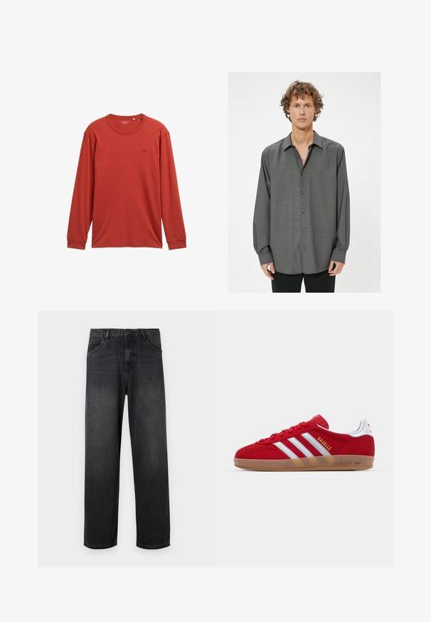 Koszulka z długim rękawem w stonowanym czerwonym kolorze, wykonana z miękkiej tkaniny. Posiada okrągły dekolt i małe logo na piersi. Klasyczny krój.; Ciemnoszara koszula z długim rękawem z zapięciem na guziki, z delikatnym teksturowanym wzorem i klasycznym kołnierzykiem. Guziki są ciemnoszare.; Ciemnoszare dżinsy o prostym kroju, z zapinaniem na zamek błyskawiczny, pięcioma kieszeniami oraz subtelnymi efektami przetarcia na materiale.; Czerwone zamszowe sneakersy z białym wzorem trzech pasków i złotym napisem "Gazelle". Posiadają gumową podeszwę i teksturowaną piętę.