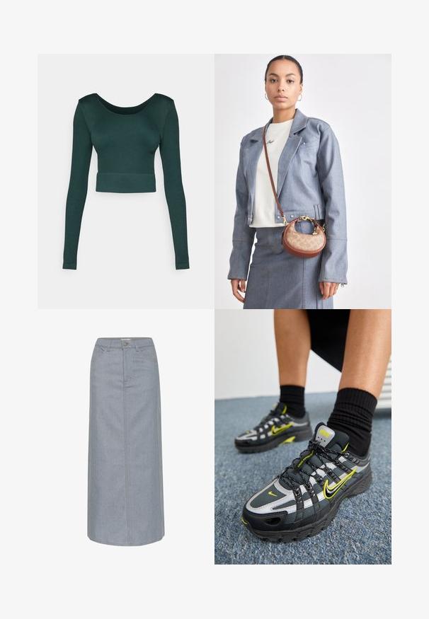 Top cropped de mangas longas em verde escuro com textura canelada, decote largo e bainha ajustada. Sem padrões ou embellishments.; Saia de ganga em azul claro, até ao joelho, com corte direito, cinco bolsos, fecho com botão e detalhes de costura em contraste.; Sapatos de desporto pretos e cinzas com detalhes em prata refletora, painéis de malha texturizada e pormenores amarelos vivos. Design com atacadores e sola estruturada.; Pequena bolsa castanha e bege com um padrão clássico do logotipo, ferragens douradas e uma forma curva, combinada com uma jaqueta de denim e uma saia.