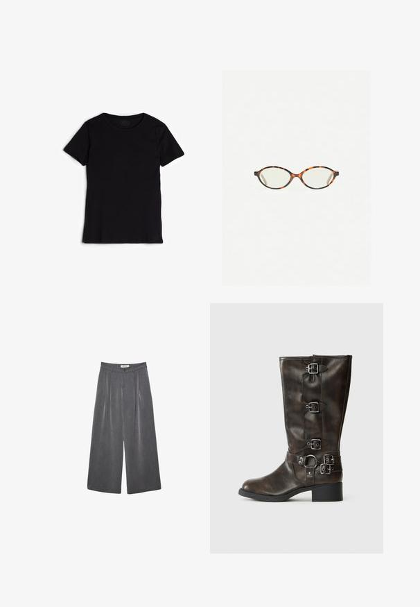 Czarny, krótki rękaw t-shirt wykonany z miękkiej bawełny. Posiada okrągły dekolt oraz gładką, równą teksturę bez widocznych wzorów czy ozdób.; Plisowane spodnie o szerokich nogawkach w ciemnoszarym materiale z subtelną teksturą. Posiadają zapięcie na guzik oraz klasyczny krój pasa.; Brązowe skórzane buty za kolano z wieloma klamrami, okrągłym noskiem i niskim, grubym obcasem. Posiadają fakturowane wykończenie i regulowane paski.; Okulary w kolorze tortoiseshell z owalnymi soczewkami i gładkim, eleganckim wykończeniem. Posiadają cienkie boki z delikatnym łukiem w okolicy skroni. Przezroczyste soczewki.; Torebka z brązowego zamszu z dwoma długimi uchwytami, prostokątnym kształtem i dekoracyjnym przeszyciem. Posiada boczny pasek oraz subtelne akcenty w kolorze złotym.