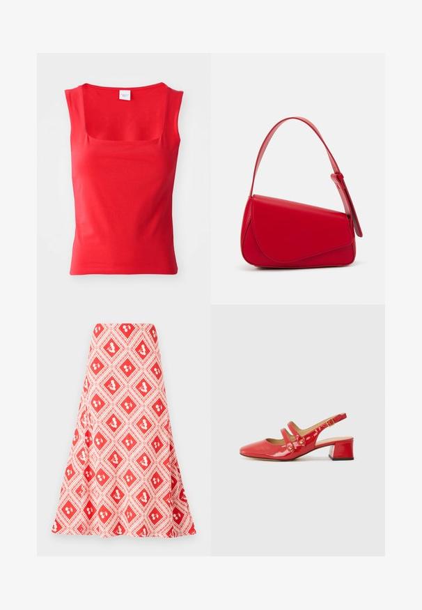 Rød t-skjorte med korte ermer laget av glatt stoff, med firkantet halslinje og en tettsittende silhuett, som har rene, rette hem-linjer.; Rød og hvit mønstrete skjørt med diamantdesign og små blomsterformer, i en utsvingt fasong, laget av et glatt stoff.; Rød patentlær slingback-sko med spiss tå, to-stroppedesign med sirkulære detaljer og en lav blokkhæl.; Rød lærveske med en vinklet, geometrisk design. Har en enkelt justerbar stropp og en klaffelukking med sydd detaljer.