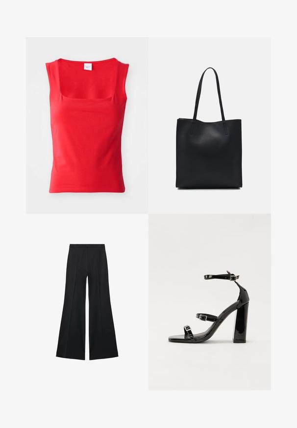 Červený top s krátkým rukávem vyrobený z hladké tkaniny, s čtvercovým výstřihem a přiléhavým střihem, s čistými, rovnými lemy.; Černé kalhoty s širokými nohavicemi a hladkou texturou, s předními sklady a přizpůsobeným střihem. Materiál je lehký a splývavý.; Černé lakované sandály na podpatku se čtveratou špičkou, lýtkovými pásky a stříbrnými přezkami. Disponují masivním blokovým podpatkem pro stabilitu.; Černá kožená taška přes rameno s hladkým povrchem, obdélníkovým tvarem a dvěma dlouhými uchy. Žádné viditelné kování ani ozdoby.