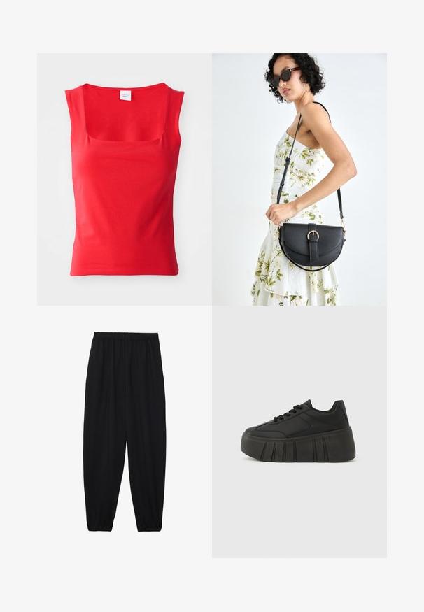 Red, short-sleeve top made of smooth fabric with a square neckline and a fitted silhouette, featuring clean, straight hem lines.; Black, lightweight pants with an elastic waistband and gathered ankles. The fabric is smooth and features a relaxed, tapered design.; Black platform sneakers with a smooth synthetic upper, rounded toe, lace-up design, and a thick, ridged sole for added height.; Black leather handbag with a curved shape, detachable strap, and gold hardware. The bag features a flap with a buckle detail.
