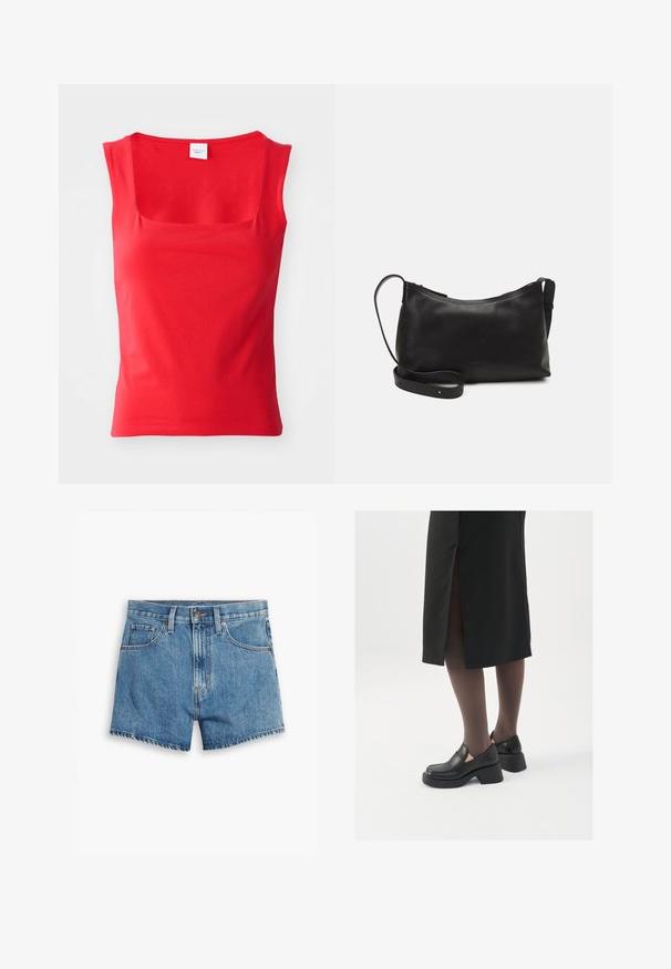 T-shirt vermelha de manga curta, feita de tecido suave, com decote quadrado e silhueta ajustada, apresentando linhas de borda limpas e retas.; Bermudas de ganga em azul claro, com cinco bolsos, fecho de correr e fecho de botão. A bainha está desfiada com um design de corte descontraído.; Sapatos de couro pretos com bico arredondado, salto bloco grosso e detalhes elásticos laterais, combinados com meias escuras e uma saia preta com uma abertura.; Bolsa de ombro em pele preta com textura suave, forma curva, alça ajustável e fecho com zip. Design minimalista sem adornos.