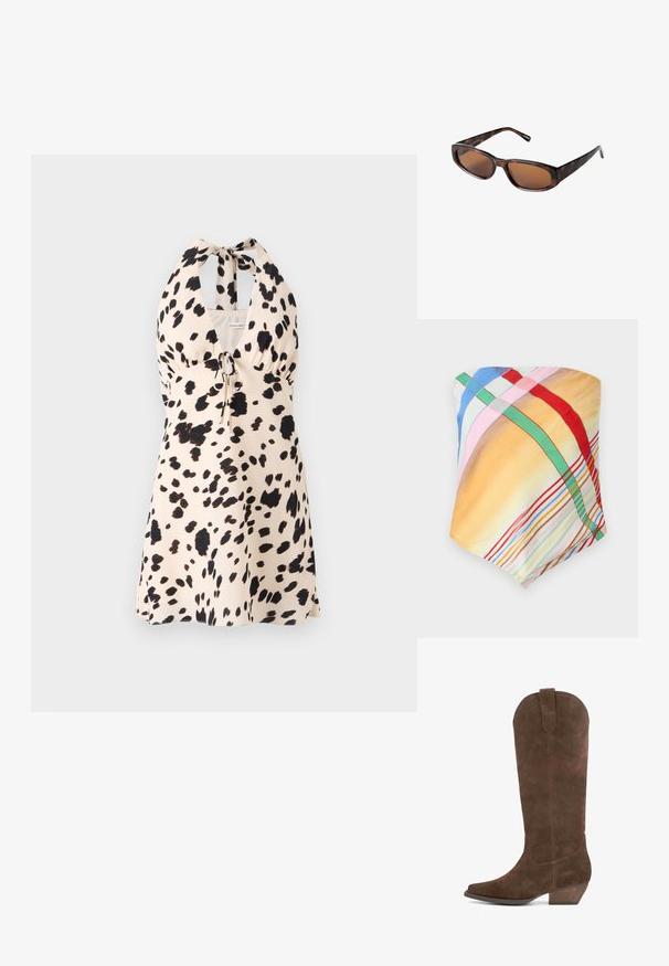 Mehrfarbiger Schal mit karierten Mustern in Gelb, Blau, Pink, Rot und Grün. Hergestellt aus leichtem, glattem Stoff mit einer weichen Textur.; Halterkleid in hellem Beige mit schwarzem Punkte-Muster; verfügt über einen Kordelzug in der Taille für eine verstellbare Passform.; Braune Wildleder-Stiefel bis zum Knie mit spitzem Schuhpunkt, schrägem Absatz und abgerundeter Oberkante. Mit einer Nahtdetails an der Seite und einer dezenten Textur.; Braune Schildpatt-Sonnenbrille mit rechteckigen Gläsern, schlankem Profil und gebogenen Bügeln. Die Gläser haben einen braunen Farbton, das Gestell besteht aus Kunststoff.