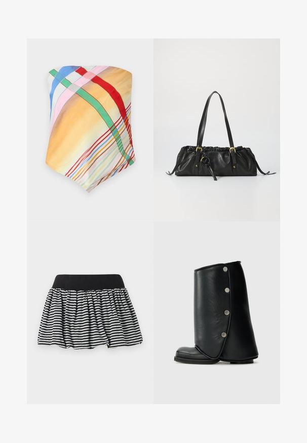 Mehrfarbiger Schal mit karierten Mustern in Gelb, Blau, Pink, Rot und Grün. Hergestellt aus leichtem, glattem Stoff mit einer weichen Textur.; Schwarz-weißer gestreifter Rock mit einem gerafften Design und elastischem Bund, gefertigt aus weichem Material. Verfügt über eine ausgestellte Form für mehr Weite.; Schwarze Leder-Stiefeletten mit einem geschwungenen Design, runder Zehenpartie und dekorativen silbernen Knöpfen an der Außenseite.; Schwarze Lederhandtasche mit gerafftem Oberteil, zwei Schulterriemen, goldfarbener Hardware und einem zentralen runden Akzent. Glatte Textur, kompakte Form.
